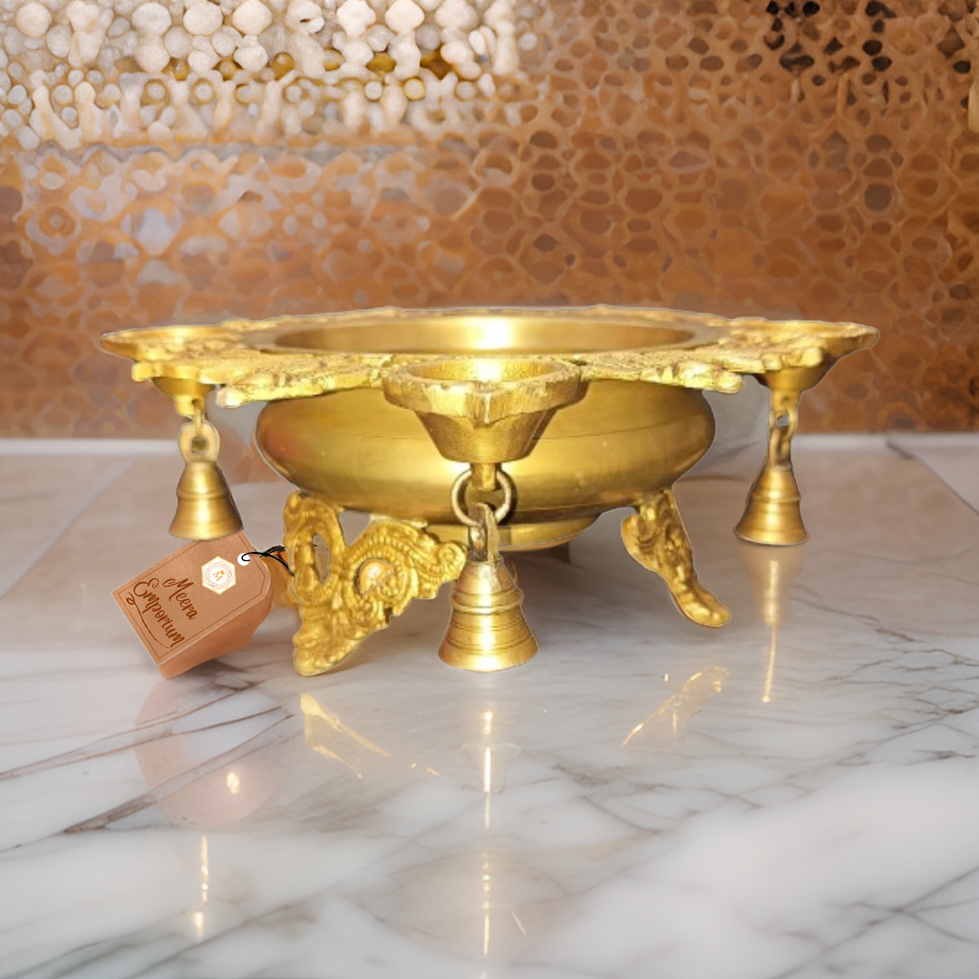 Brass Urli Traditional Bowl with 4 Diyas weight 3.5kg | width 32cm | height 12cm