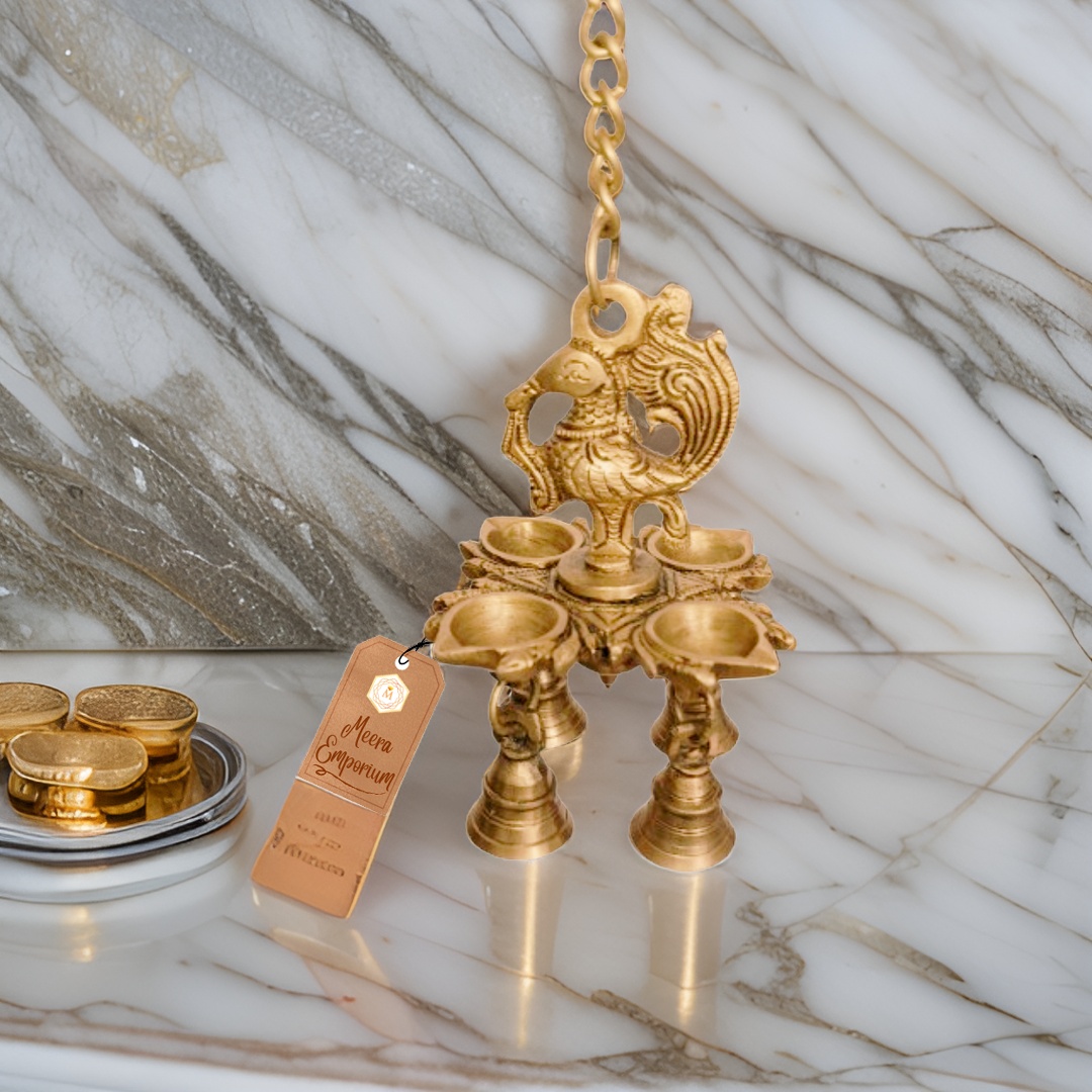 Brass Hanging Peacock 4 Diya Bells