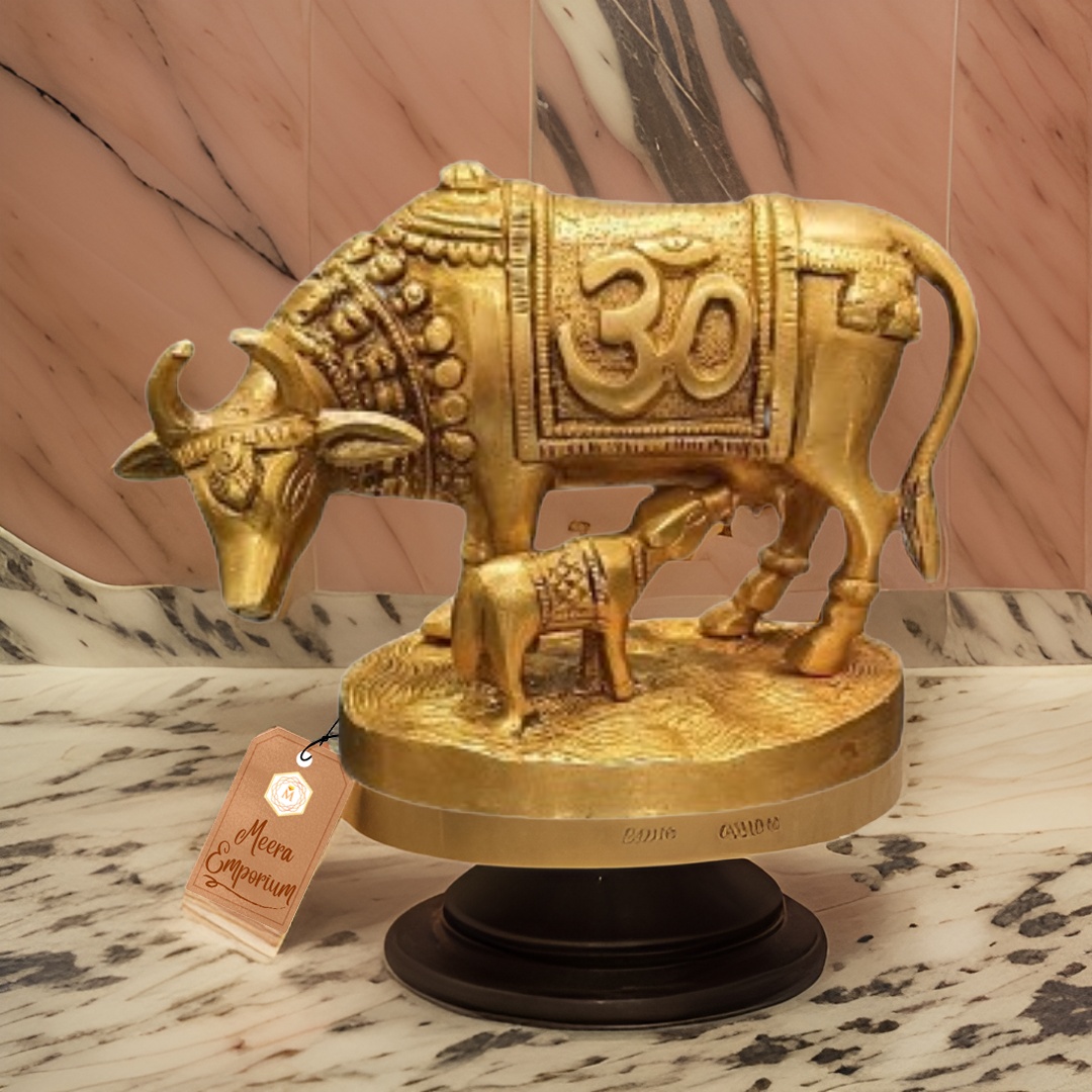 Exquisite Brass Cow and Calf (Kamdhenu) Statue | 1kg weight | 10cm | Symbol of Abundance and Nurturing Showpiece in Brass Like Metal for Home Decor and Decorative Gift