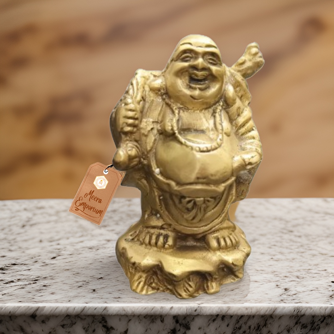 Brass Metal Laughing Buddha Harbinger of Wisdom and Wealth Vintage Statue