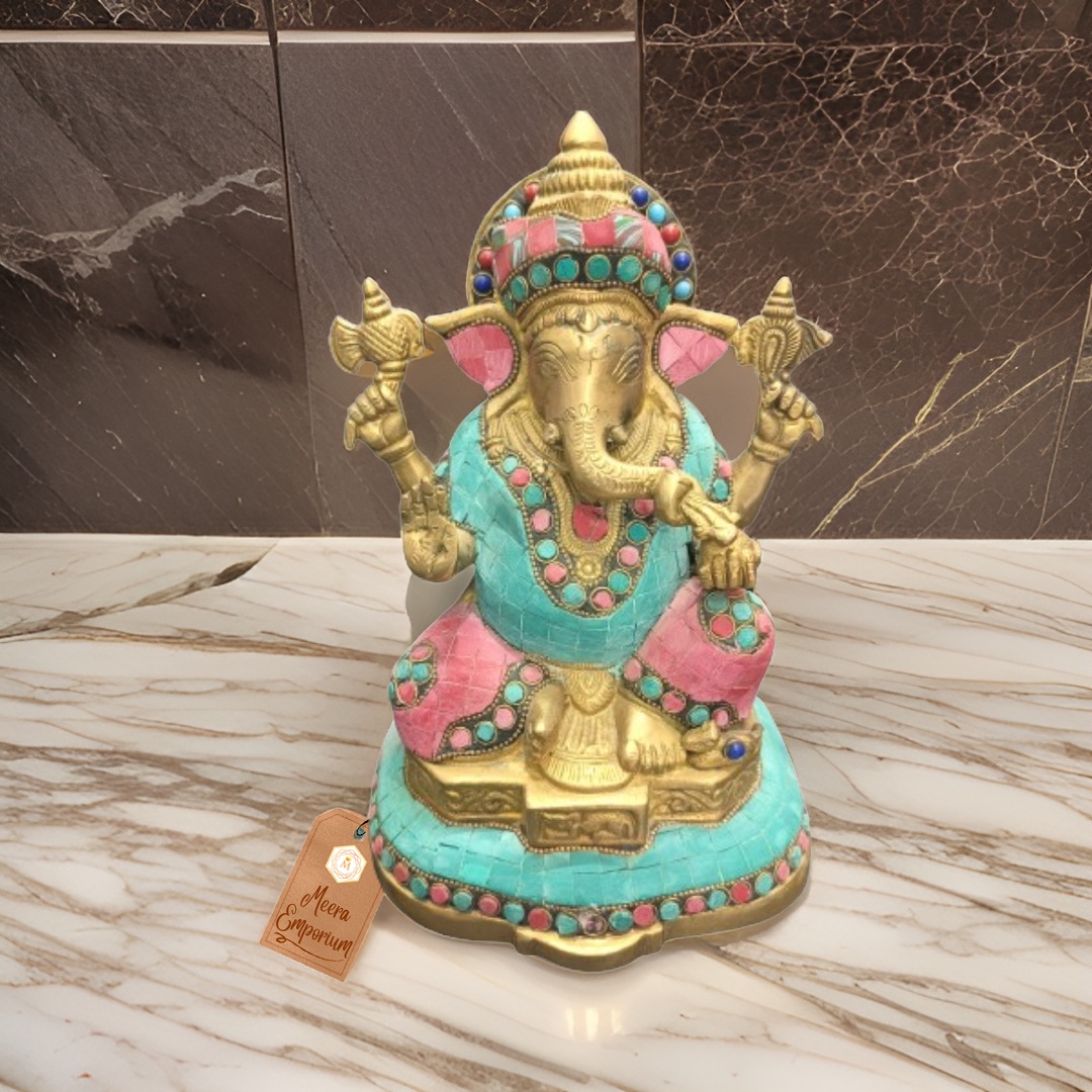 Brass Ganesh Ji Statue with Multicolor Stone Work - 3.5kg, 24cm