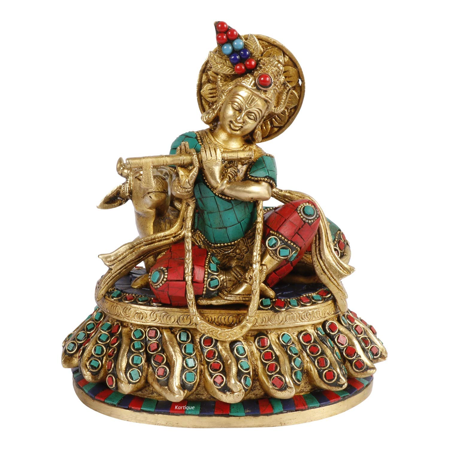 Brass Krishna with Gau Mata Idol – 8.5 Inches Multi-Color Flute Playing Statue | Pooja & Vastu Décor | Meera Emporium