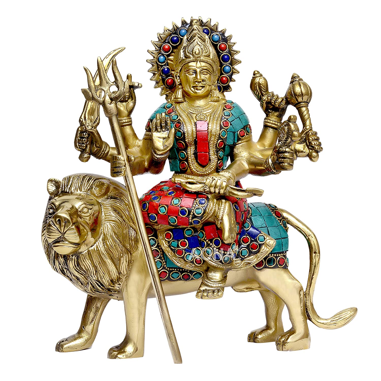 Maa Durga Singhwahini Brass Idol – 9.5 Inch Multicolour Antique Statue for Home Mandir & Pooja | Meera Emporium