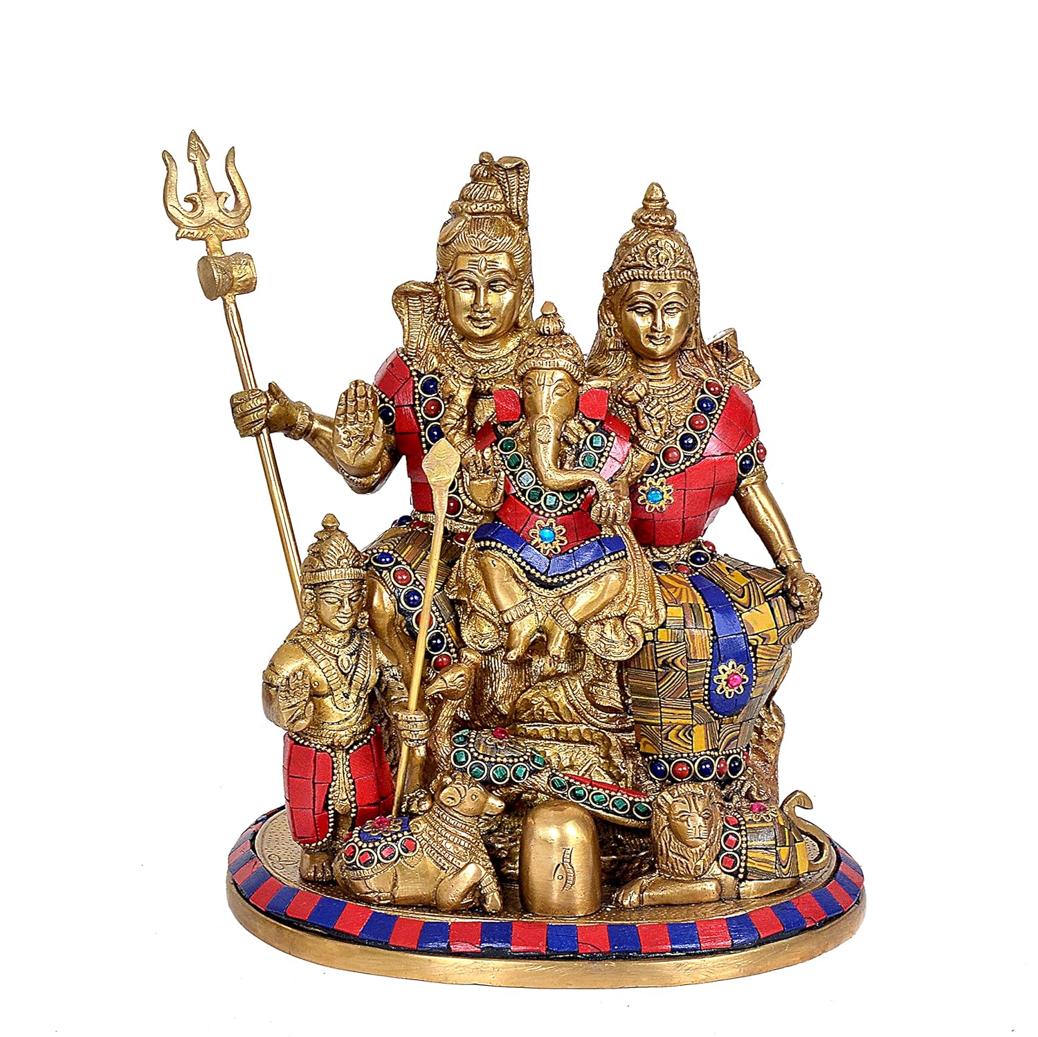 Brass Shiv Parivar Idol – 10 Inch Handmade Shiva Family Murti | Traditional Golden Religious Statue | Meera Emporium