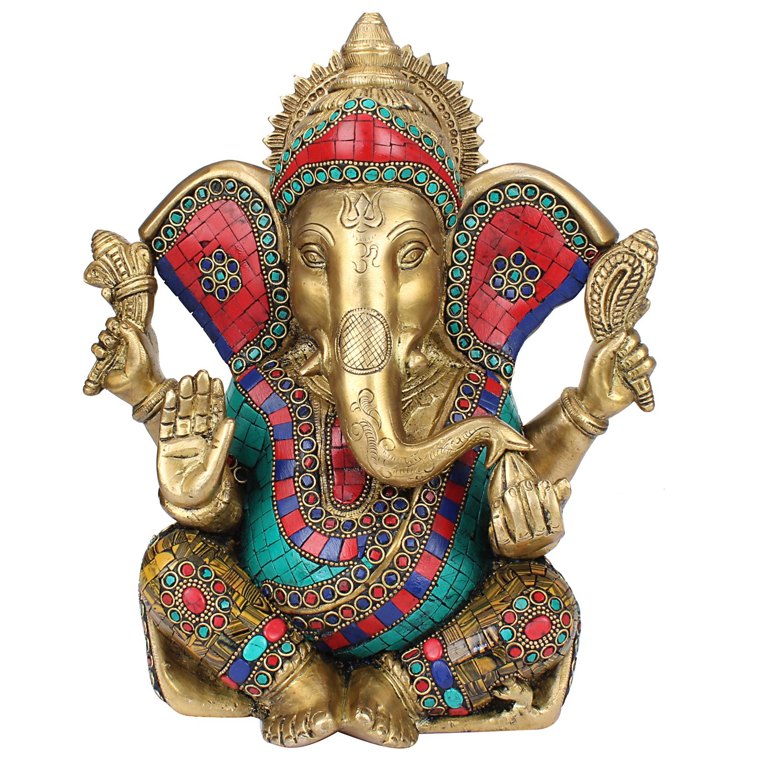 Brass Ganesha Idol – 11” Big Ganpati Statue with Multicolor Gemstone Work | Spiritual Décor & Gifting | Meera Emporium
