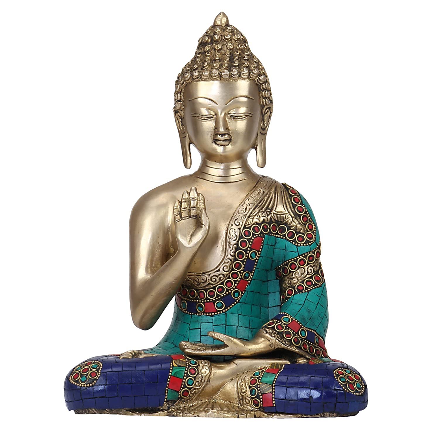 Brass Buddha Idol in Blessing Posture | Draped in Embellished Shawl with Semi-Precious Stones | Handmade Feng Shui Home Decor Showpiece – 10 Inch Height