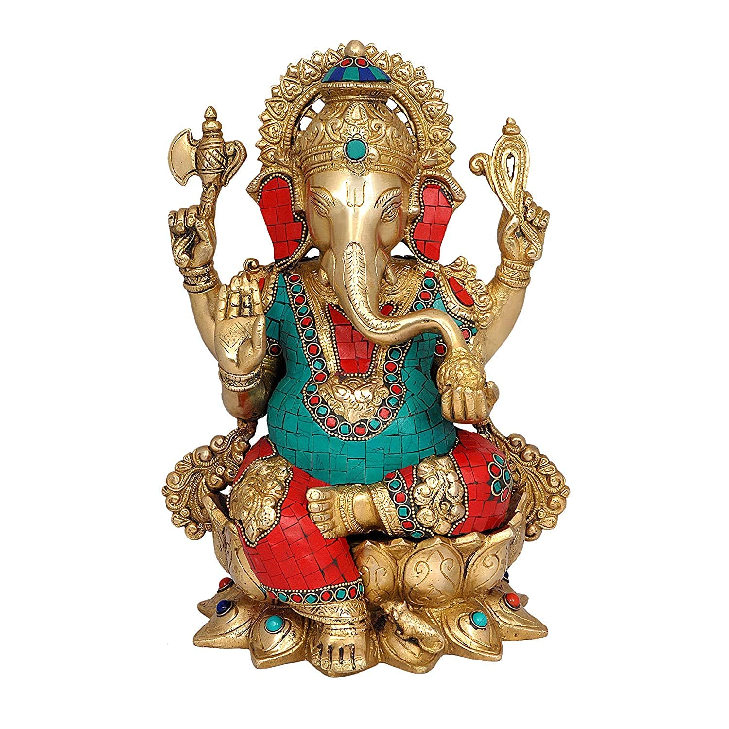 Mangalkari Ganesha Brass Idol – 13.1 Inch Sitting Ganpati on Lotus Pedestal | Antique Gold Finish | Traditional Vastu Idol for Home, Temple & Gift