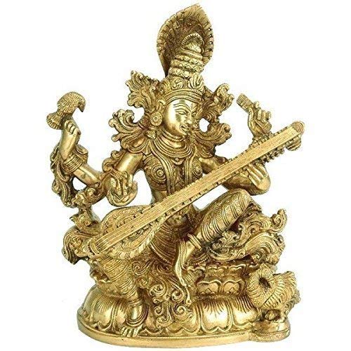 Goddess of Wisdom Saraswati Brass Statue - Saraswati Maa Idol - 11.75 Inch Height | Handcrafted Traditional Gold Finish | Meera Emporium