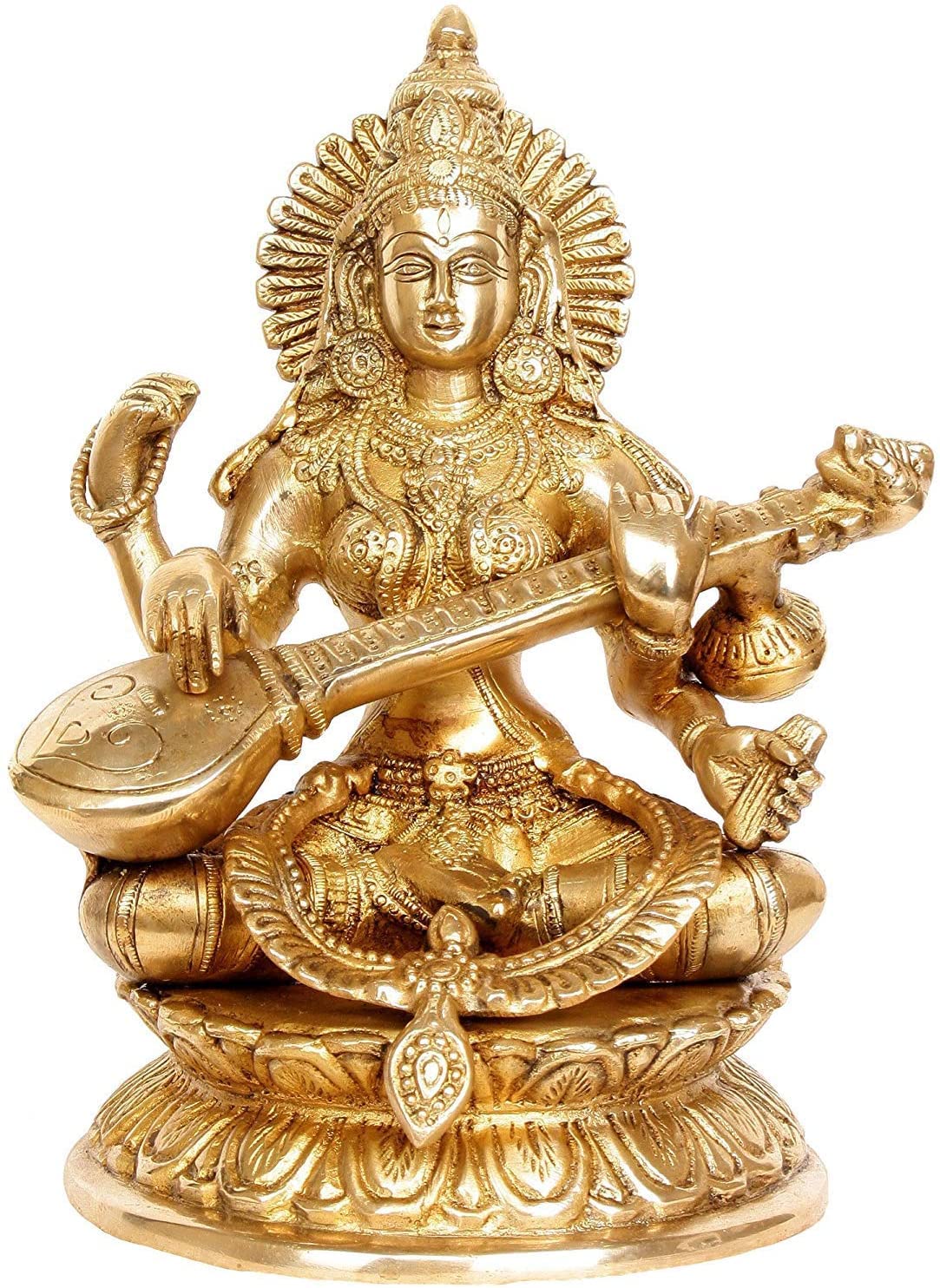 Brass Devi Saraswati Idol | Saraswati Maa Sitting on Lotus Playing Veena | Handmade Brass Statue for Home Temple Decor (9.75 Inch Height)